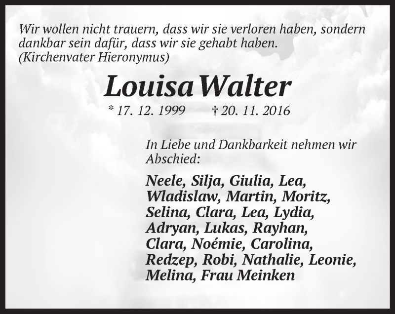  Traueranzeige für Louisa Walter vom 24.11.2016 aus WESER-KURIER