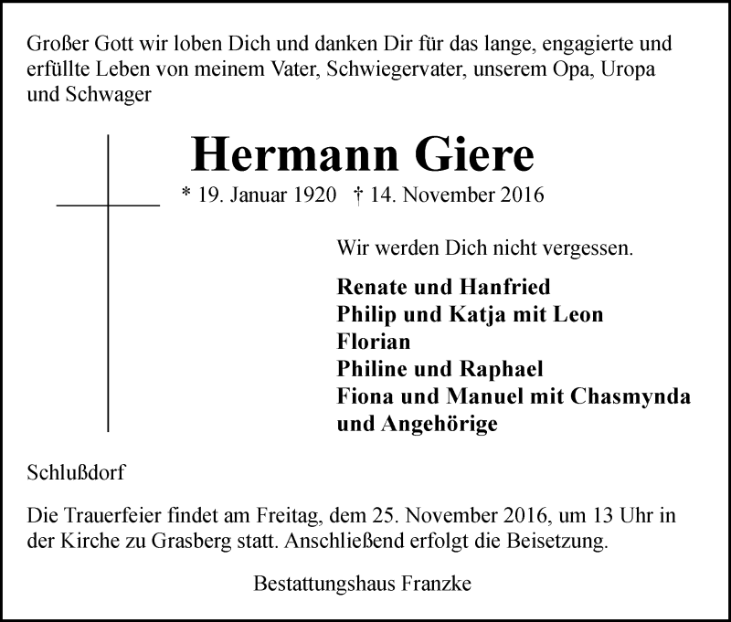 Traueranzeige von Hermann Giere von Wuemme Zeitung