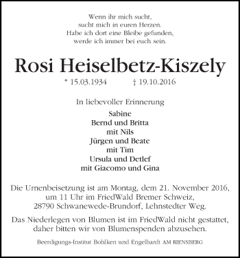 Traueranzeige von Rosi Heiselbetz-Kiszely