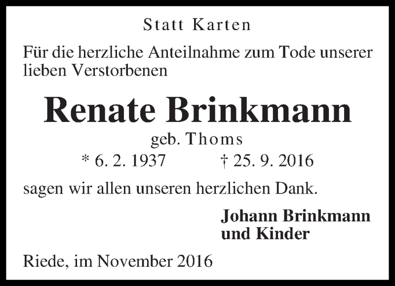  Traueranzeige für Renate Brinkmann vom 12.11.2016 aus Regionale Rundschau/Syker Kurier