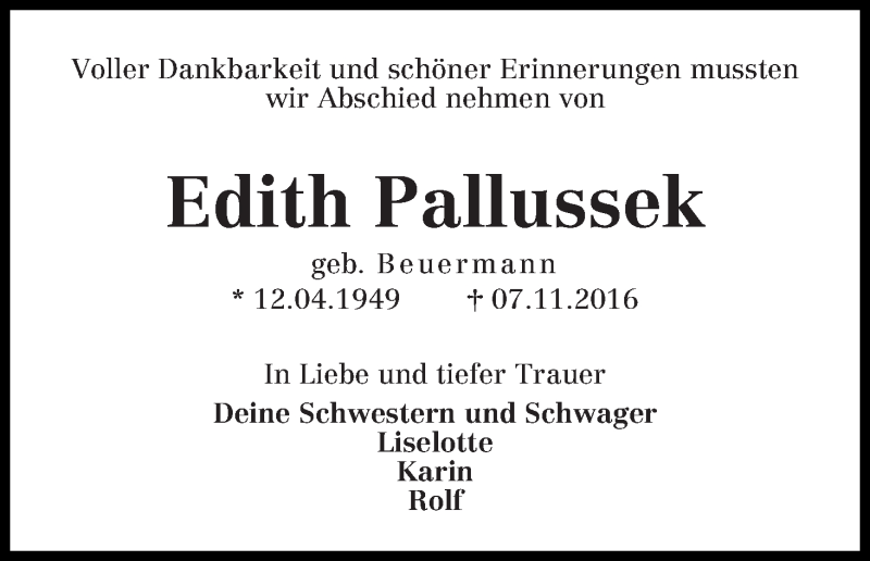 Traueranzeige von Edith Pallussek von WESER-KURIER