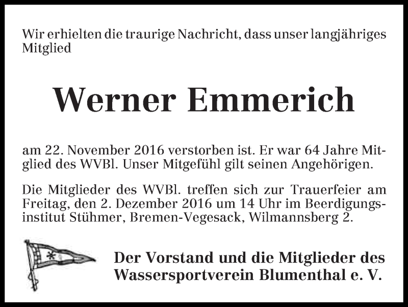 Traueranzeige von Werner Emmerich von Die Norddeutsche