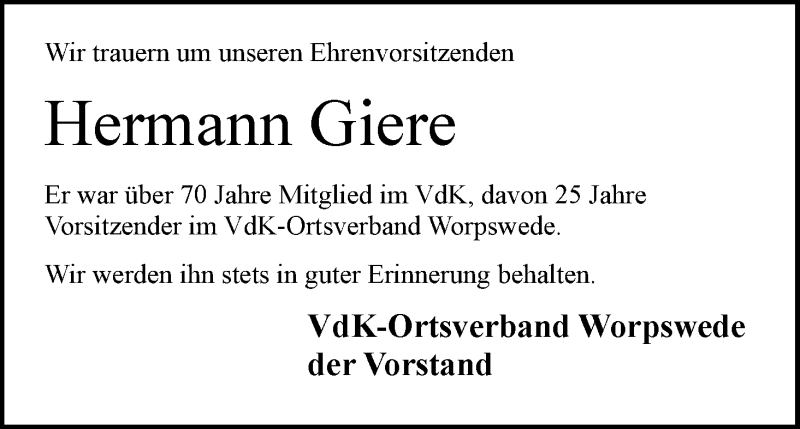 Traueranzeige von Hermann Giere von Wuemme Zeitung
