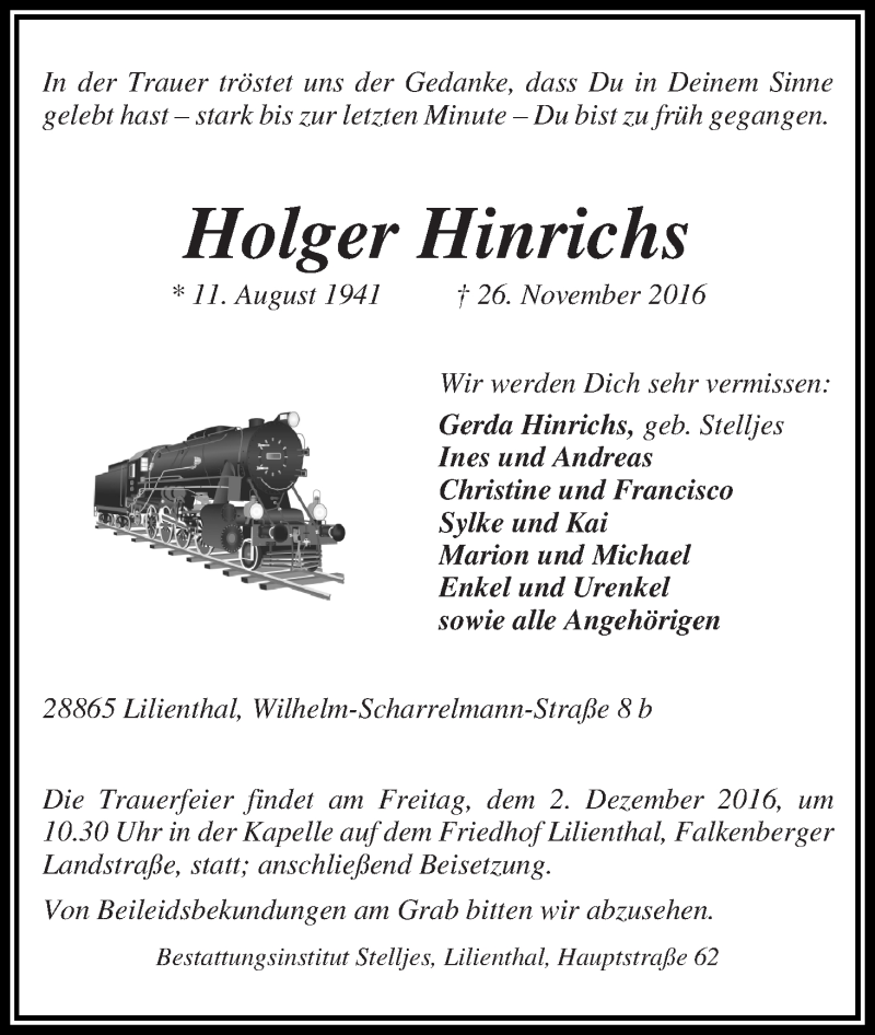Traueranzeige von Holger Hinrichs von Wuemme Zeitung