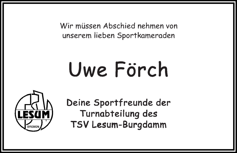 Traueranzeige von Uwe Förch von Die Norddeutsche