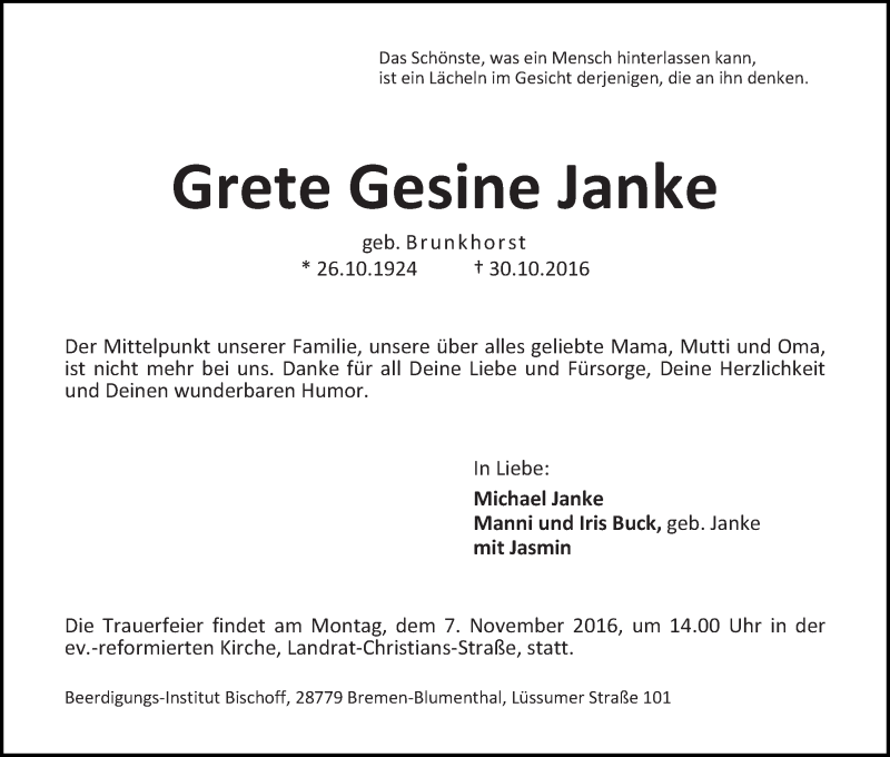 Traueranzeige von Grete Gesine Janke von Die Norddeutsche