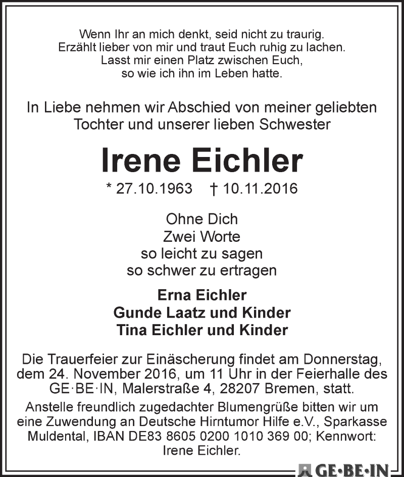 Traueranzeige von Irene Eichler von WESER-KURIER