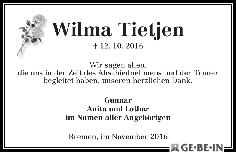 Traueranzeige von Wilma Tietjen von Die Norddeutsche