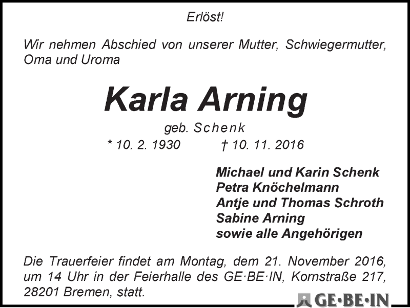 Traueranzeige von Karla Arning von WESER-KURIER