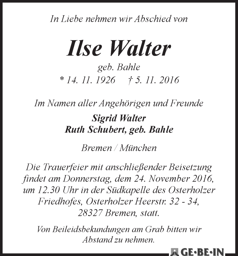 Traueranzeige von Ilse Walter von WESER-KURIER