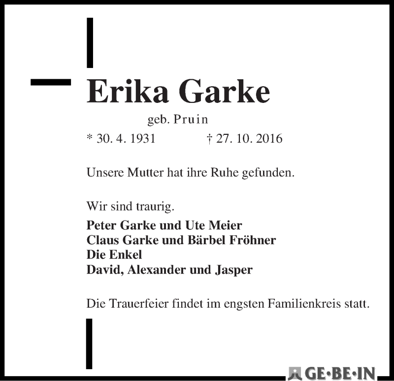 Traueranzeige von Erika Garke von WESER-KURIER