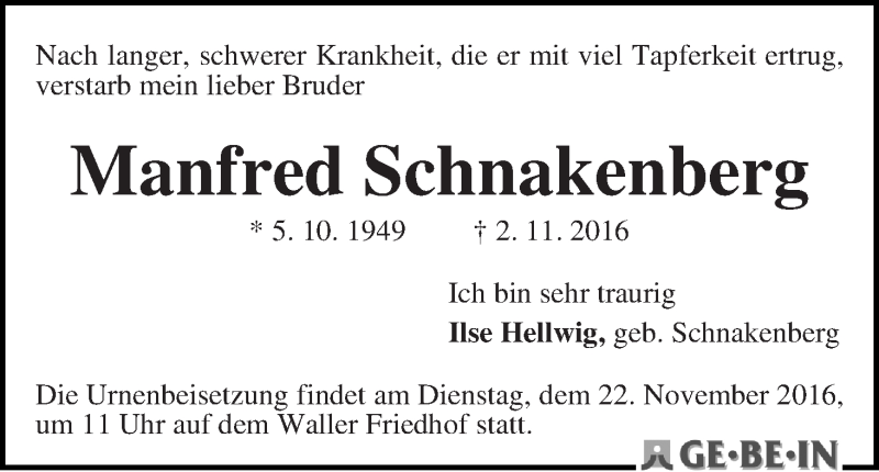 Traueranzeige von Manfred Schnakenberg von WESER-KURIER