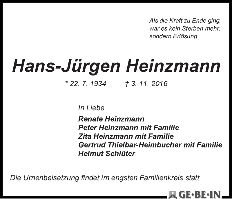 Traueranzeige von Hans-Jürgen Heinzmann von WESER-KURIER