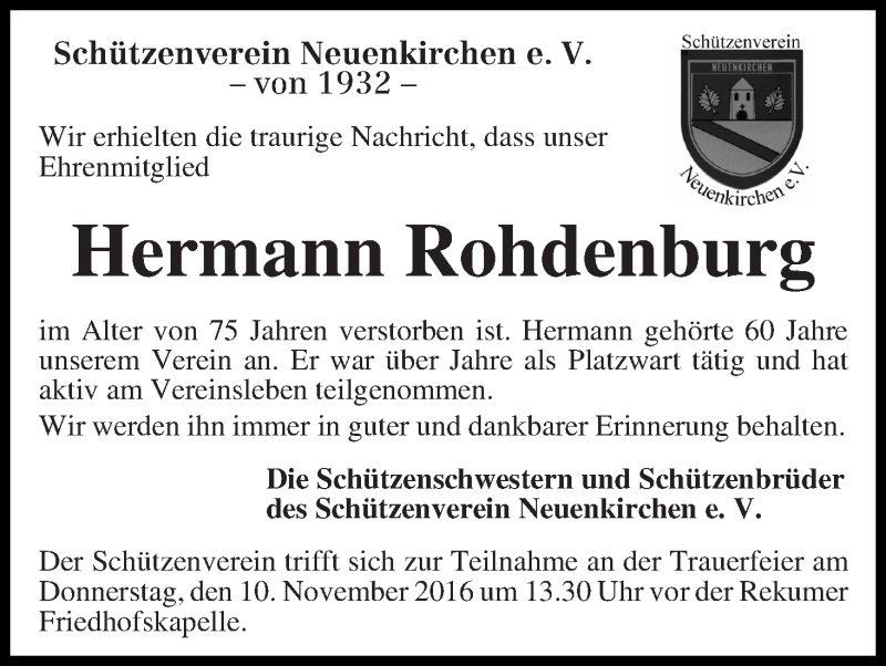 Traueranzeige von Hermann Rohdenburg von Die Norddeutsche