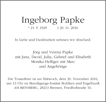 Traueranzeige von Ingeborg Papke