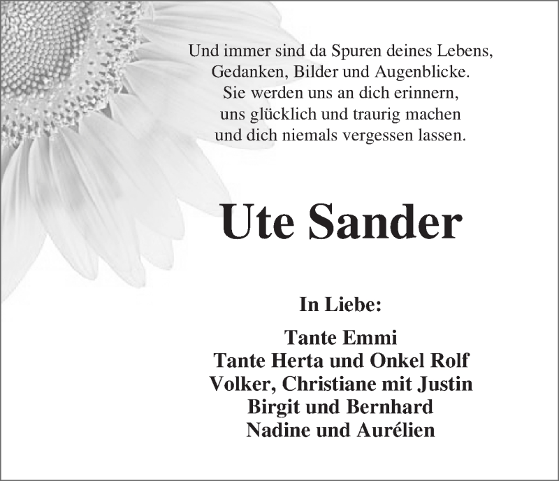  Traueranzeige für Ute Sander vom 26.11.2016 aus WESER-KURIER