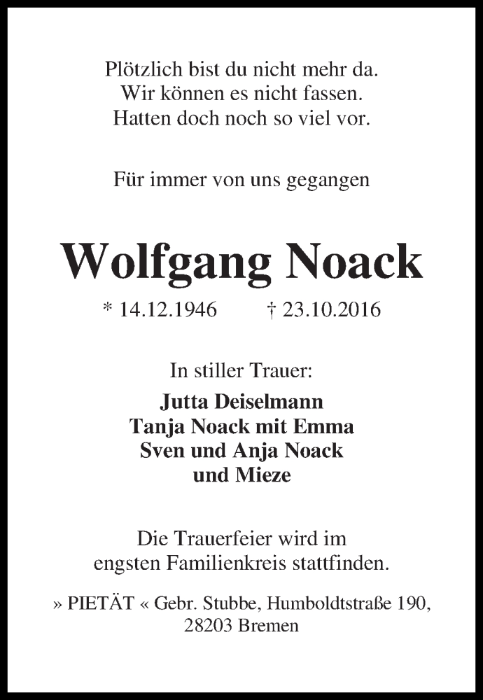 Traueranzeige von Wolfgang Noack von WESER-KURIER
