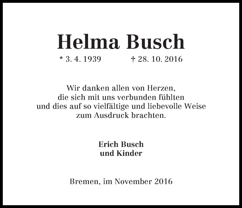 Traueranzeige von Helma Busch von WESER-KURIER