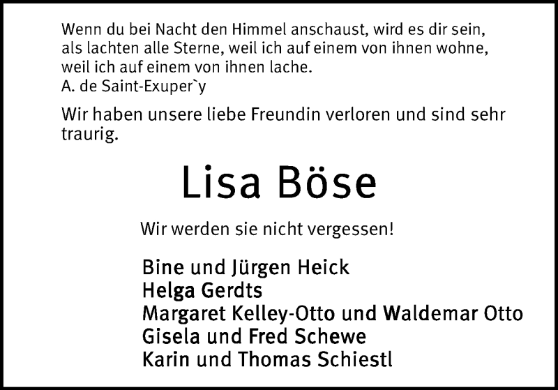 Traueranzeige von Lisa Böse von Wuemme Zeitung