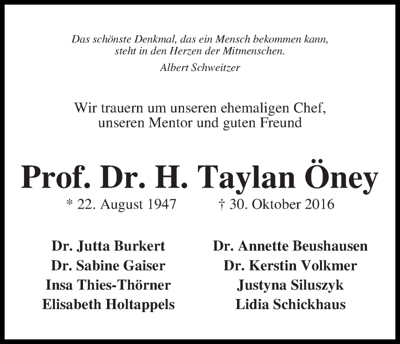  Traueranzeige für Hüseyin Taylan Öney vom 05.11.2016 aus WESER-KURIER
