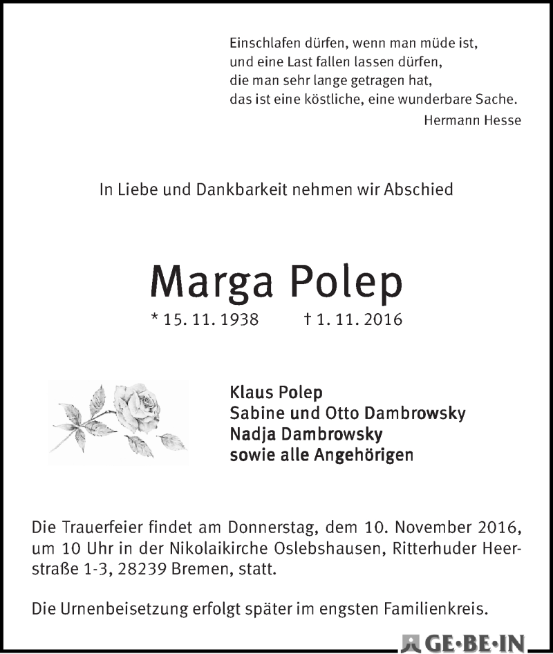 Traueranzeige von Marga Polep von WESER-KURIER