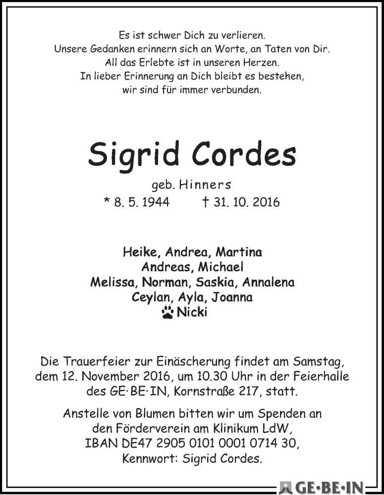 Traueranzeige von Sigrid Cordes von WESER-KURIER