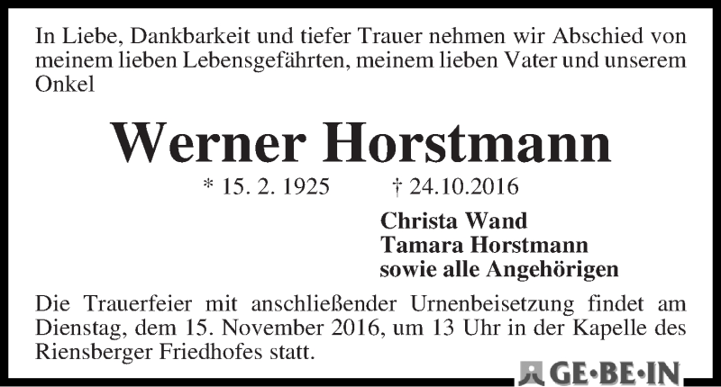 Traueranzeige von Werner Horstmann von WESER-KURIER
