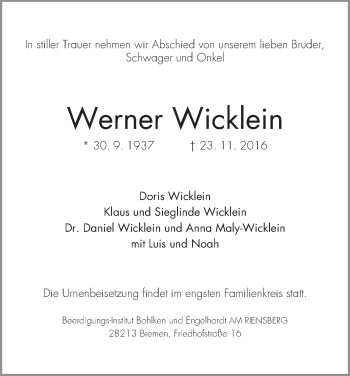 Traueranzeige von Werner Wicklein