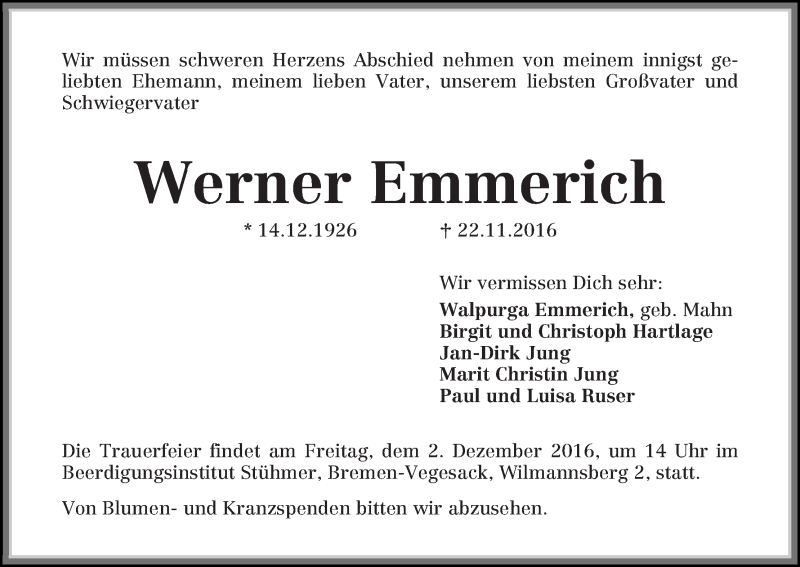 Traueranzeige von Werner Emmerich von Die Norddeutsche