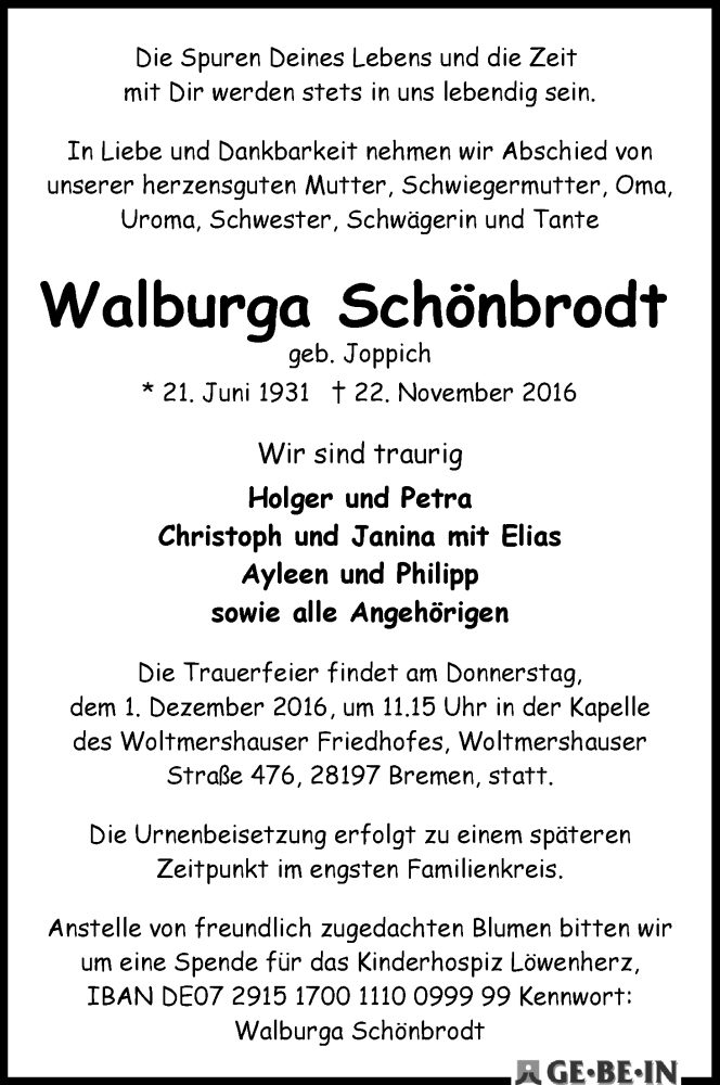 Traueranzeige von Walburga Schönbrodt von WESER-KURIER