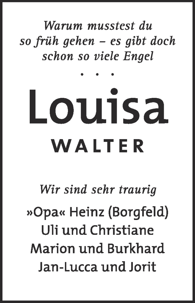  Traueranzeige für Louisa Walter vom 26.11.2016 aus WESER-KURIER