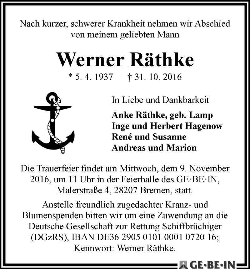 Traueranzeige von Werner Räthke von WESER-KURIER