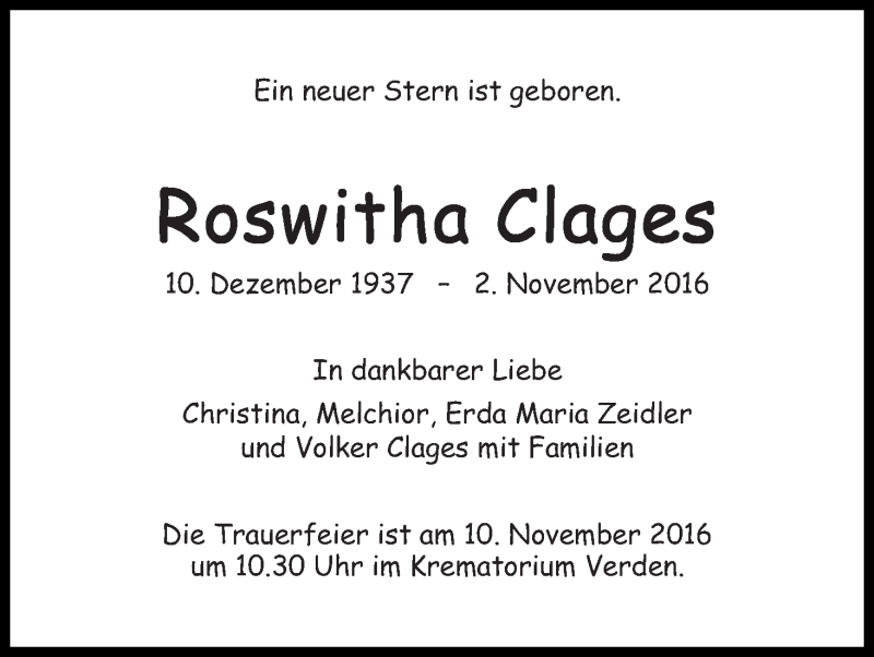 Traueranzeige von Roswitha Clages von WESER-KURIER