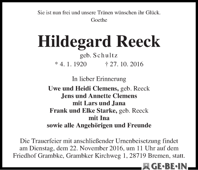 Traueranzeige von Hildegard Reeck von WESER-KURIER