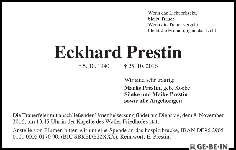 Traueranzeige von Eckhard Prestin von WESER-KURIER