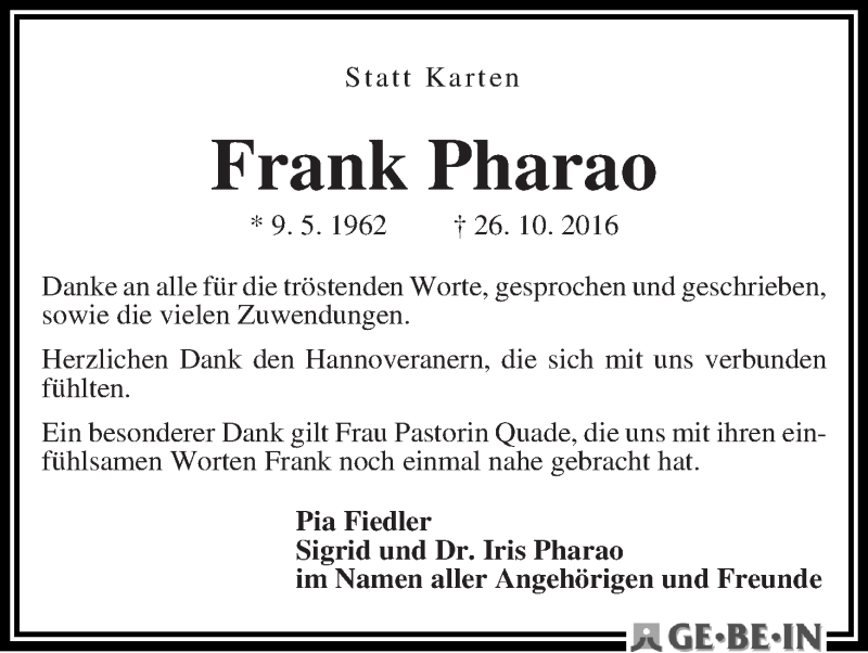 Traueranzeige von Frank Pharao von WESER-KURIER