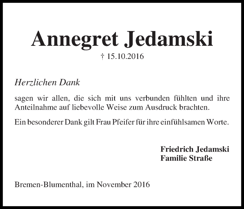 Traueranzeige von Annegret Jedamski von Die Norddeutsche