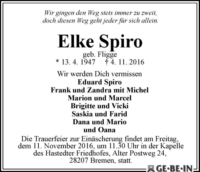 Traueranzeige von Elke Spiro von WESER-KURIER