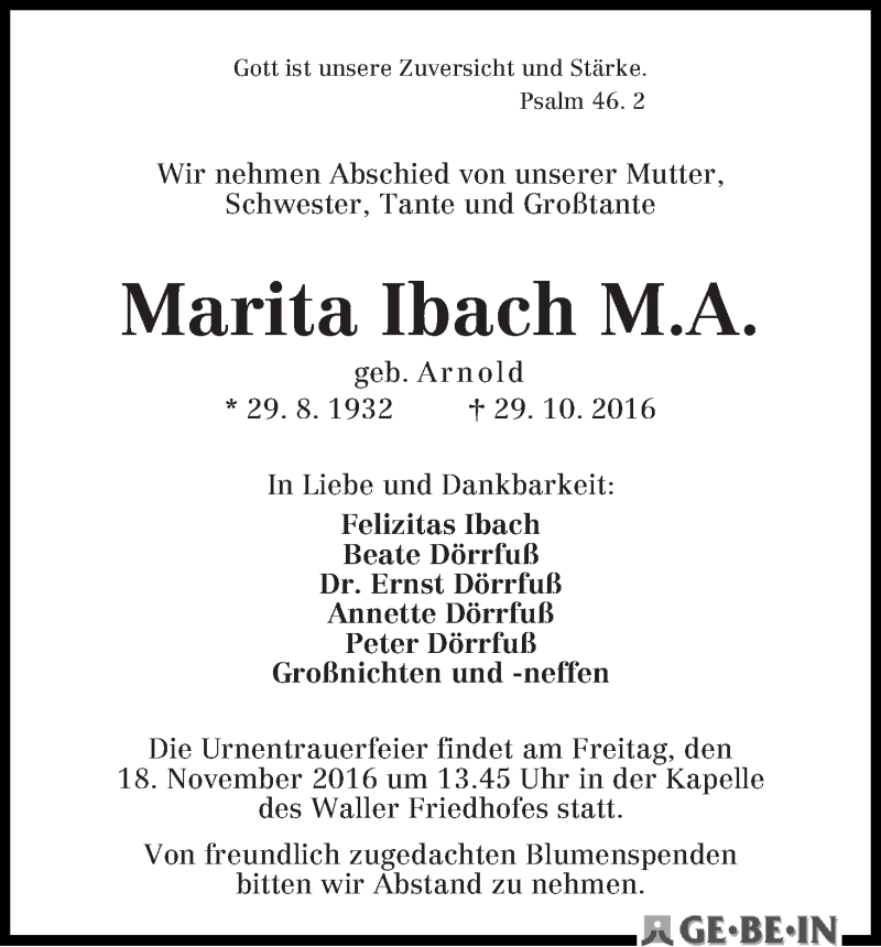 Traueranzeige von Marita Ibach M.A. von WESER-KURIER