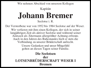 Traueranzeige von Johann Bremer
