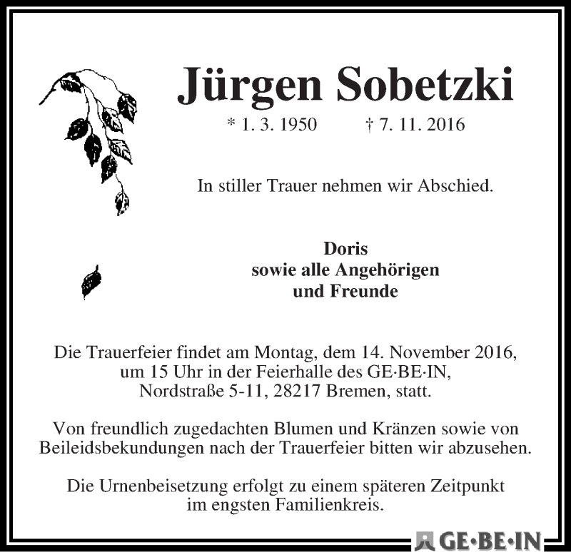 Traueranzeige von Jürgen Sobetzki von WESER-KURIER