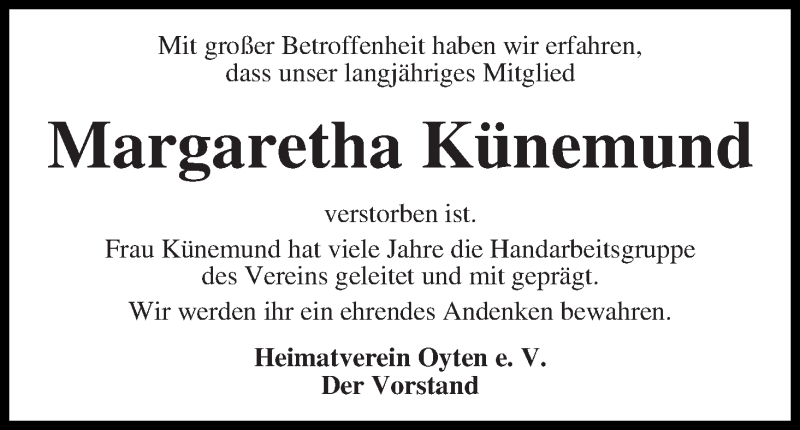 Traueranzeige von Margaretha Künemund von Achimer Kurier/Verdener Nachrichten