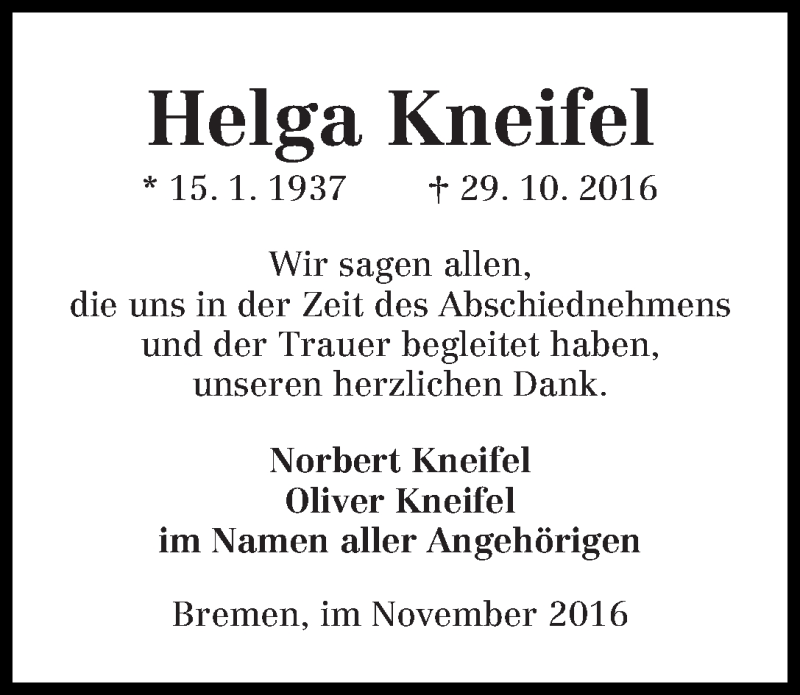 Traueranzeige von Helga Kneifel von WESER-KURIER