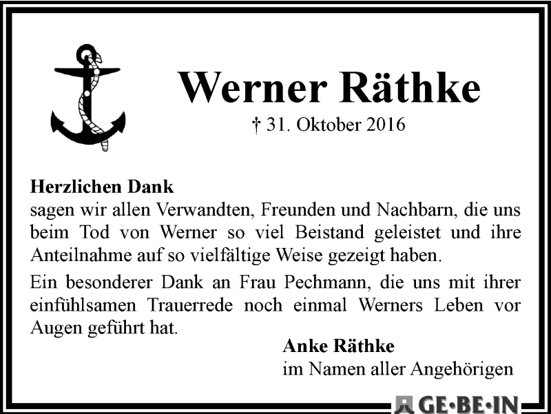 Traueranzeige von Werner Räthke von WESER-KURIER
