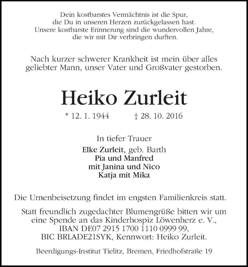 Traueranzeige von Heiko Zurleit von WESER-KURIER
