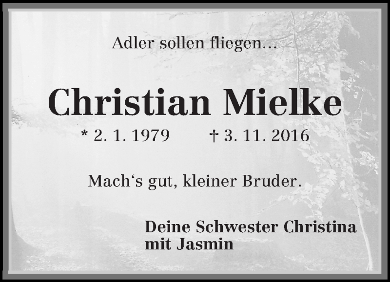  Traueranzeige für Christian Mielke vom 09.11.2016 aus Die Norddeutsche