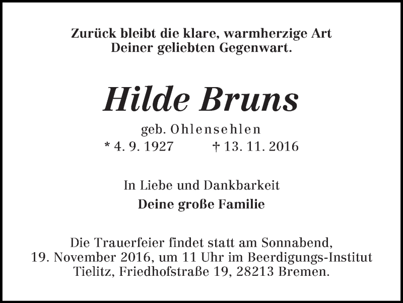 Traueranzeige von Hilde Bruns von WESER-KURIER