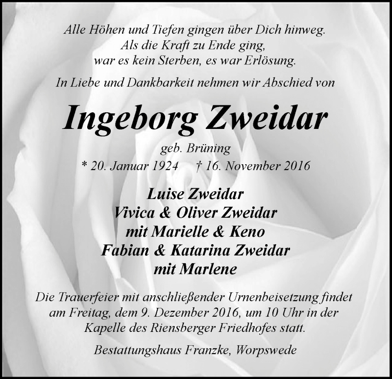 Traueranzeige von Ingeborg Zweidar von WESER-KURIER