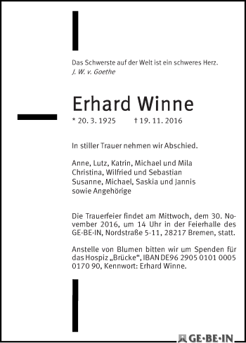 Traueranzeige von Erhard Winne