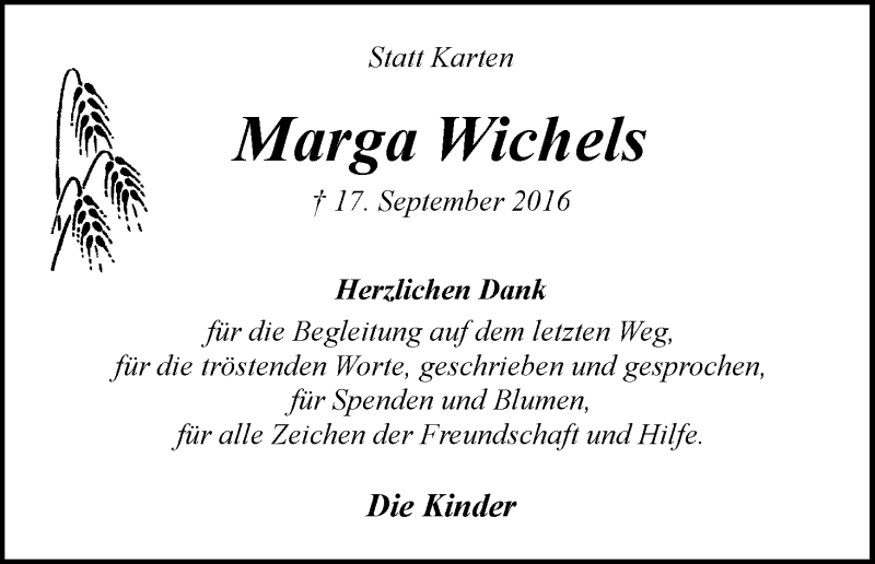 Traueranzeige von Marga Wichels von Wuemme Zeitung